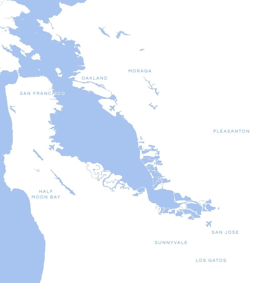 Map of the San Francisco Bay Area, highlighting cities such as San Francisco, Oakland, San Jose, Sunnyvale, Pleasanton, Los Gatos, Moraga, and Half Moon Bay.